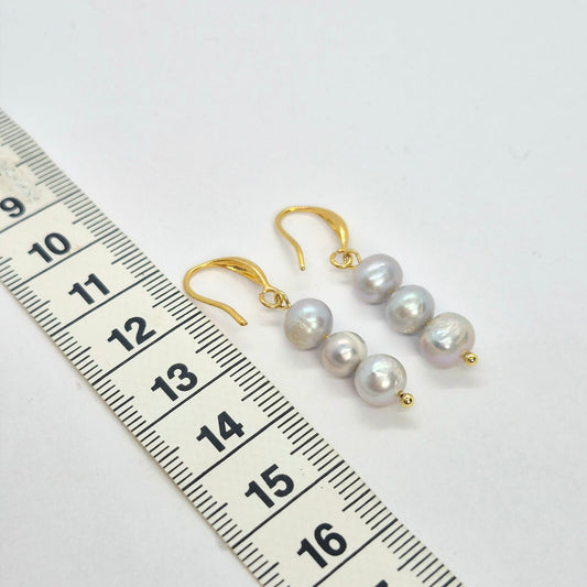 Natural Grey Pearl Dangle Earrings in Gold Plated Stainless Steel