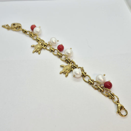 Natural Stone Bracelet with Pearls and Red Coral in 6-11mm Stones