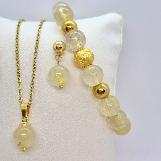 Natural Rutilated Quartz Set in 10mm Stones with Stainless Steel Gold Plated