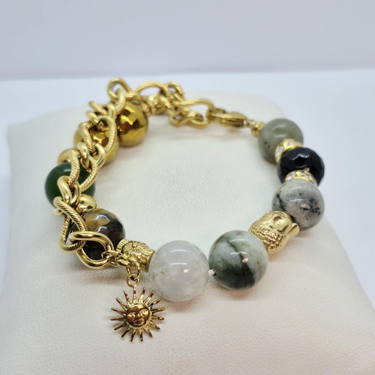 Natural Stone Bracelet with Burmese and Hetian Jade, Hematite, Tiger Eye, Labradorite and Obsidian in 12mm Stones