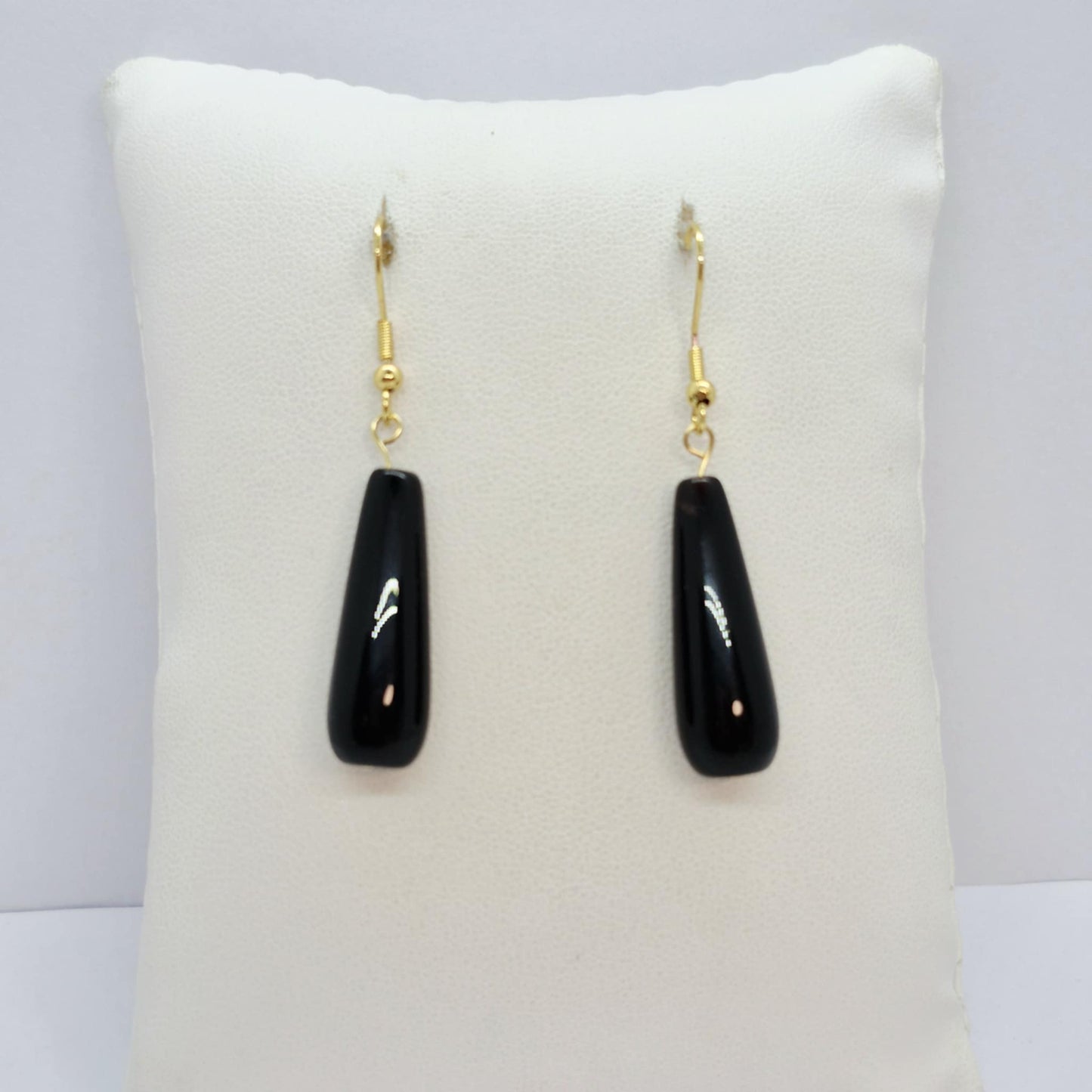 Natural Black Agate Dangle Earrings in Gold Plated Stainless Steel