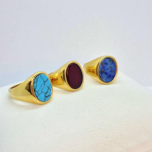 Natural Stone Ring in Gold Plated Stainless Steel, Lapis, Red Onyx and Turquoise