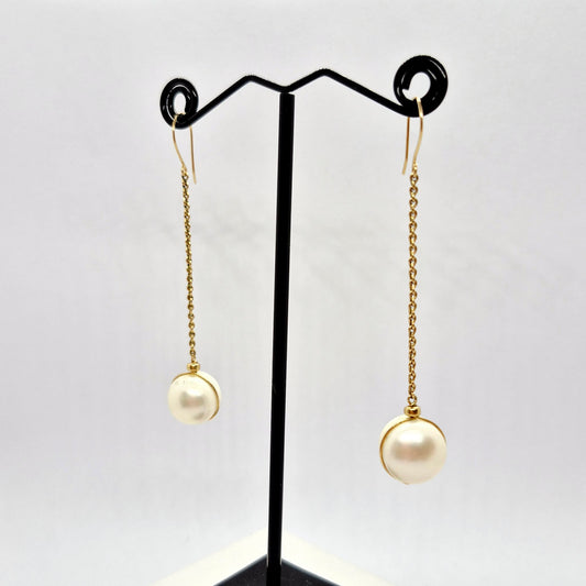 Natural 12mm Pearl Hook Dangle Earrings in Solid 10K Gold