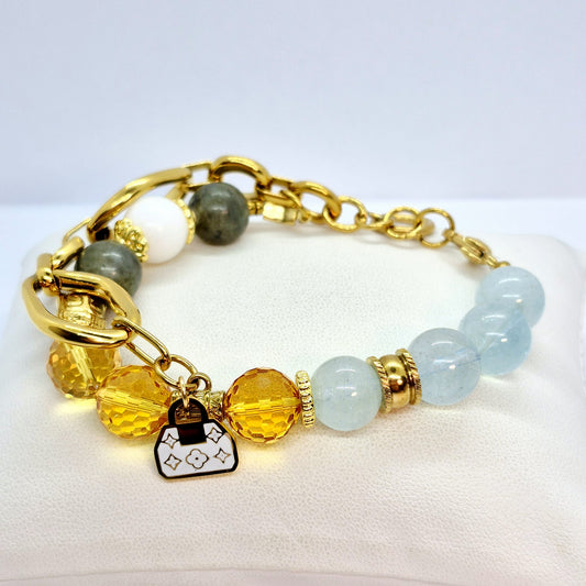 Natural 12mm Mixed Stone Bracelet with Aquamarine, Citrine, Labradorite and Tridacna