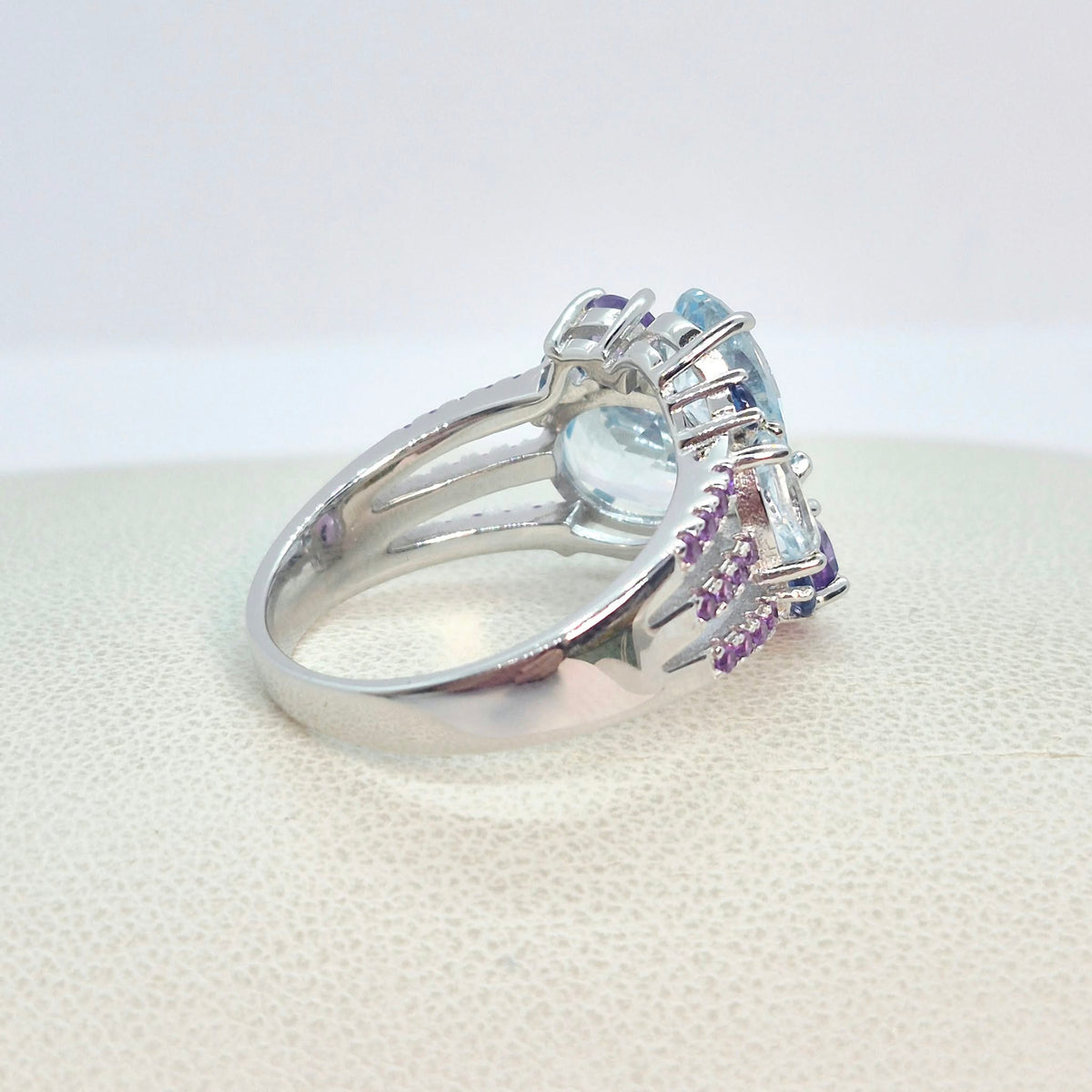 Natural Sky Blue Topaz and Amethyst Stone Ring in Sterling Silver with Nano Sapphire side stones