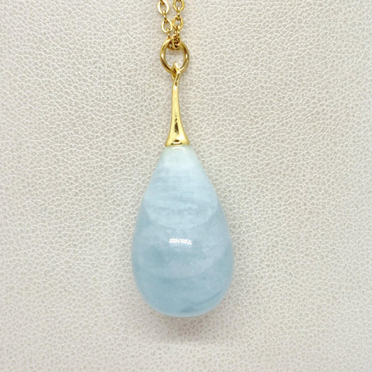 Natural Aquamarine Raindrop Pendant with Stainless Steel Gold Plated Chain Necklace