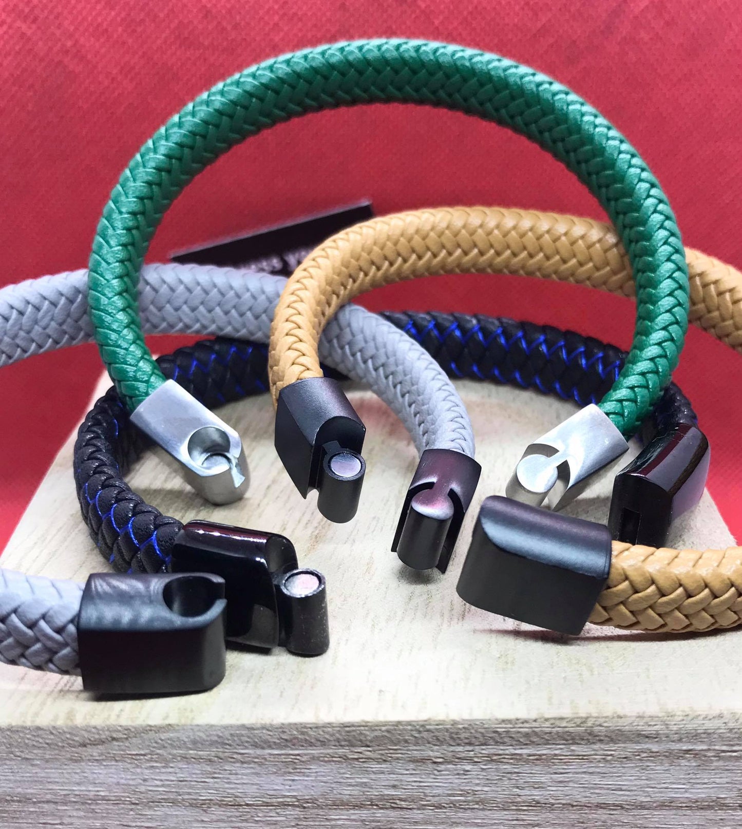 Black Leather Rope and Grey Braided Leather Bracelet for Men