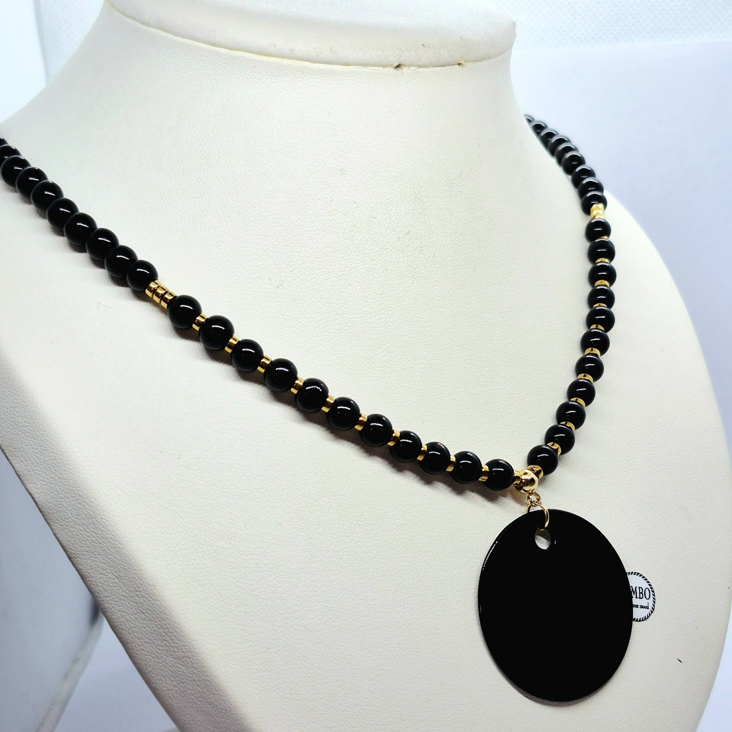 Natural Obsidian Pendant and Necklace in Gold Platted Stainless Steel