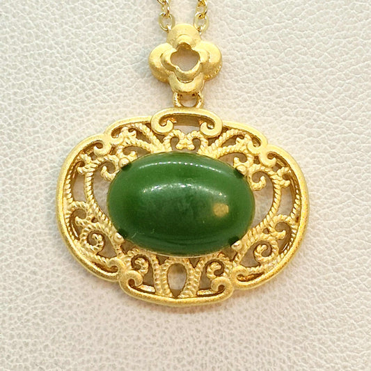 Natural Hetian Jade Pendant Silver Plated with Chain Necklace