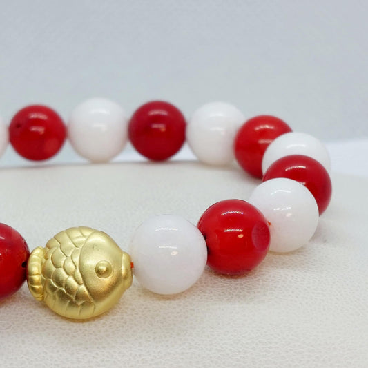 Under the Sea Bracelet with Natural Tridacna and Red Dyed Coral in 10mm Stones