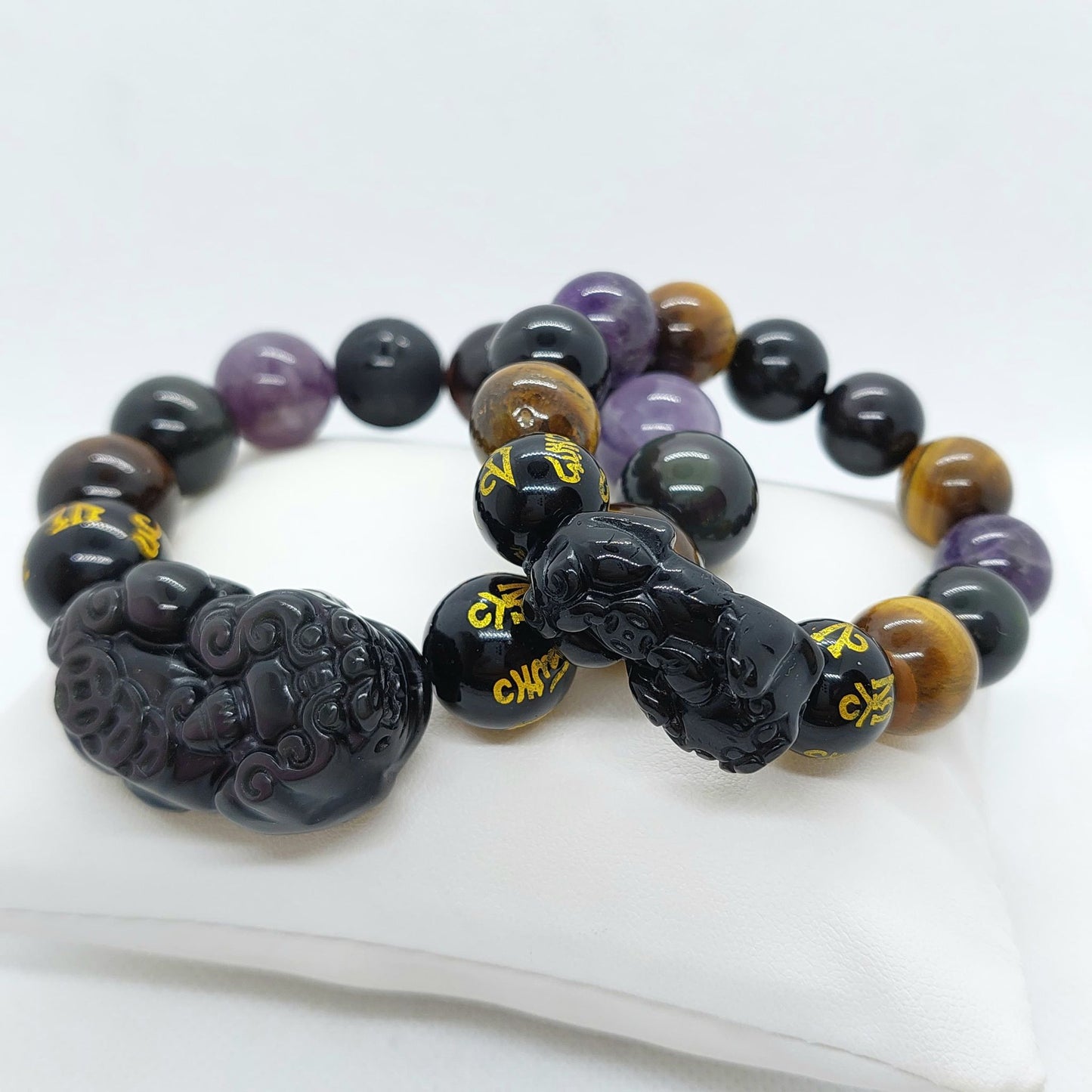 Natural Stone Bracelet with Large Obsidian Pixiu, Amethyst & Tiger Eye in 14 or 16mm Stones