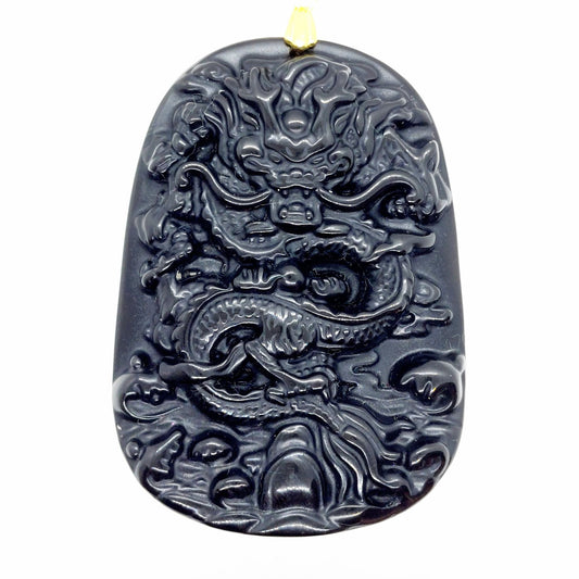 Natural Obsidian Dragon Pendant - Stainless Steel Chain Necklace