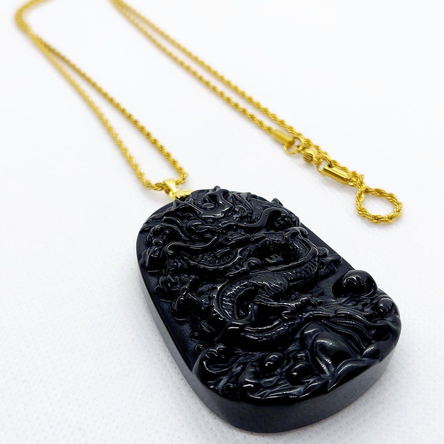 Natural Obsidian Dragon Pendant - Stainless Steel Chain Necklace