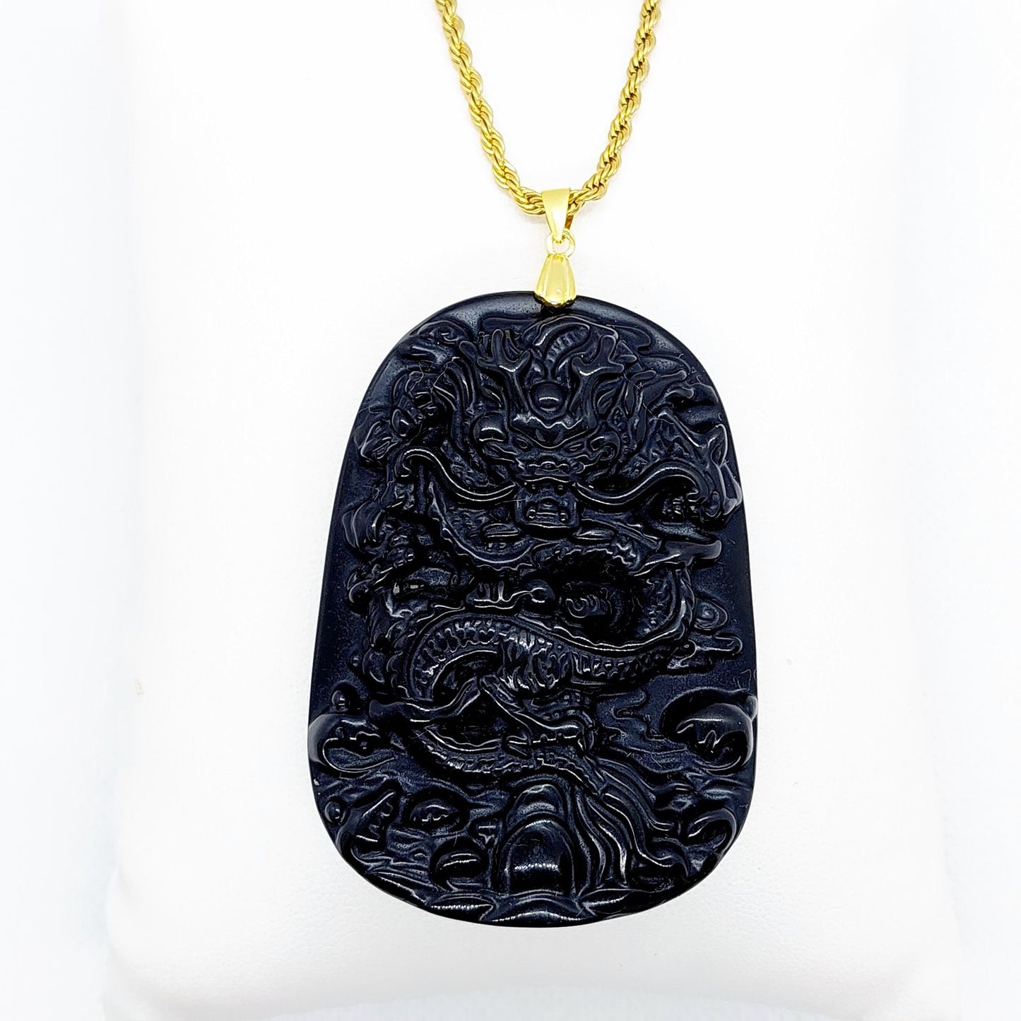 Natural Obsidian Dragon Pendant - Stainless Steel Chain Necklace