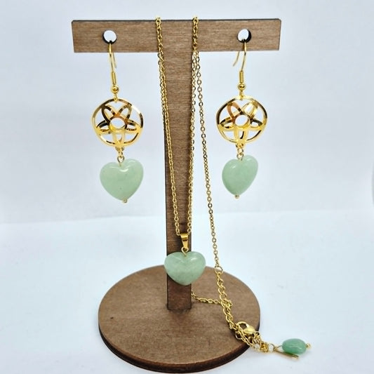 Natural Aventurine Heart Set in Gold Plated Stainless Steel Snake with Chain Necklace