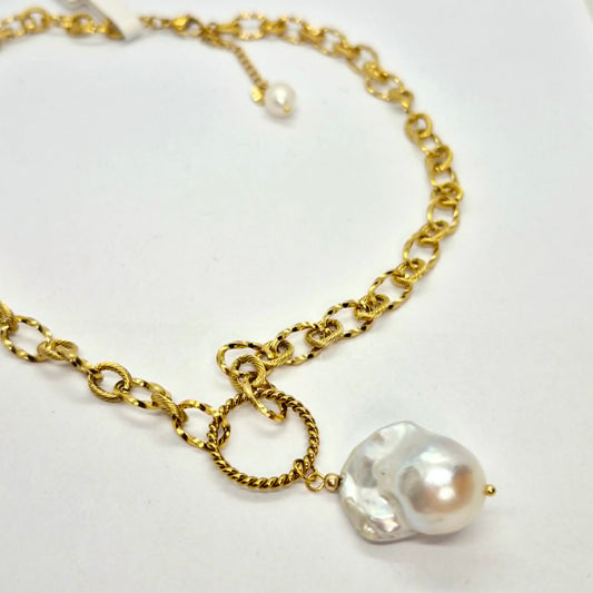 Natural Baroque Pearl Pendant with Gold Plated Stainless Steel Chain Necklace