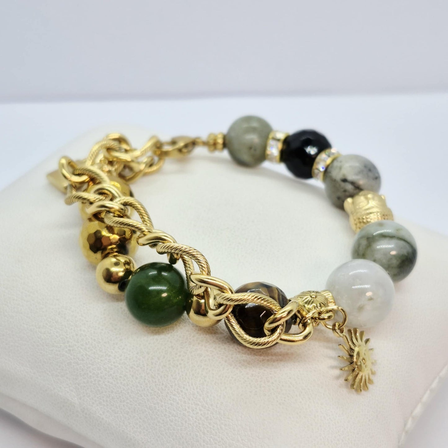 Natural Stone Bracelet with Burmese and Hetian Jade, Hematite, Tiger Eye, Labradorite and Obsidian in 12mm Stones