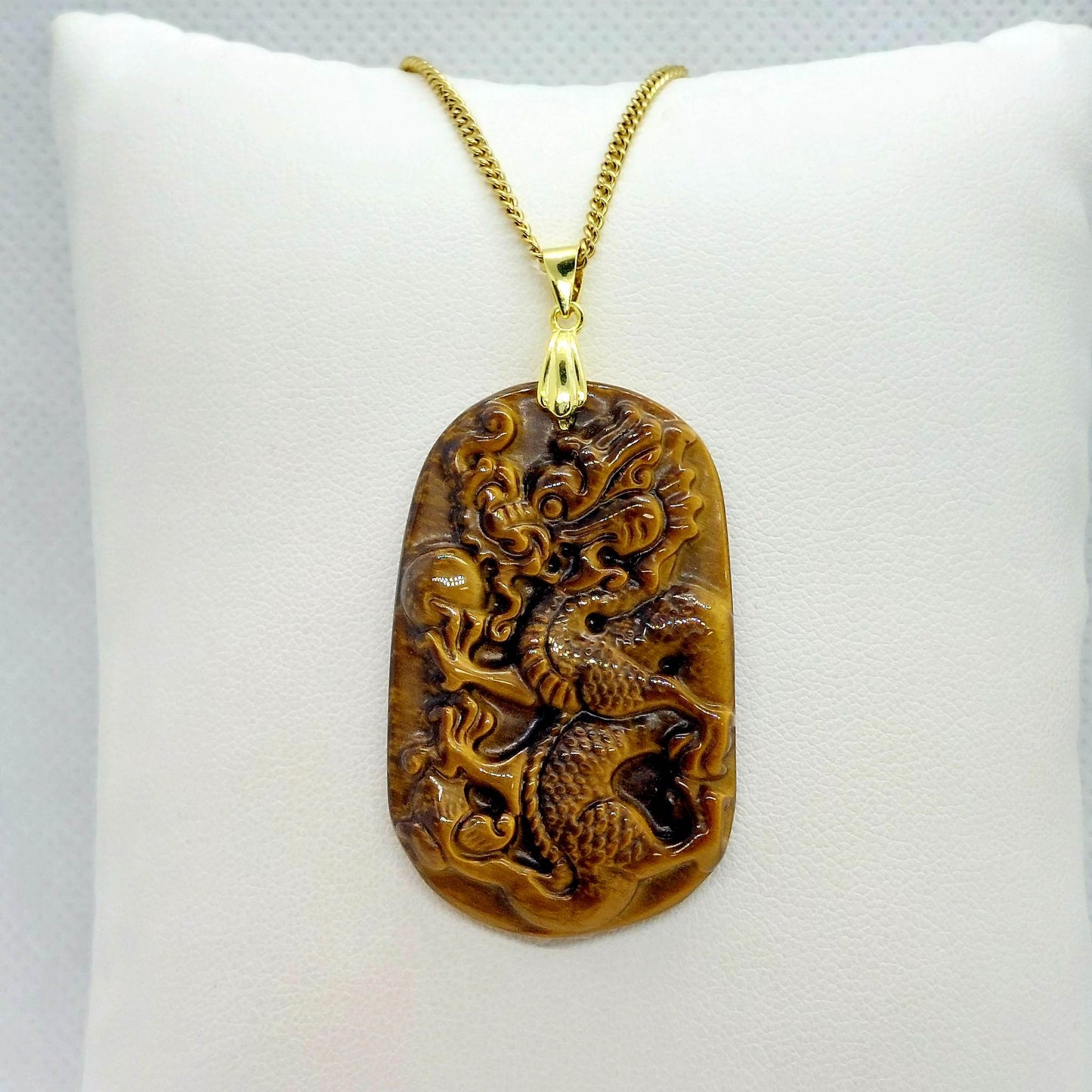 Natural Tiger Eye Dragon Pendant with Stainless Steel Gold Plated Chain Necklace