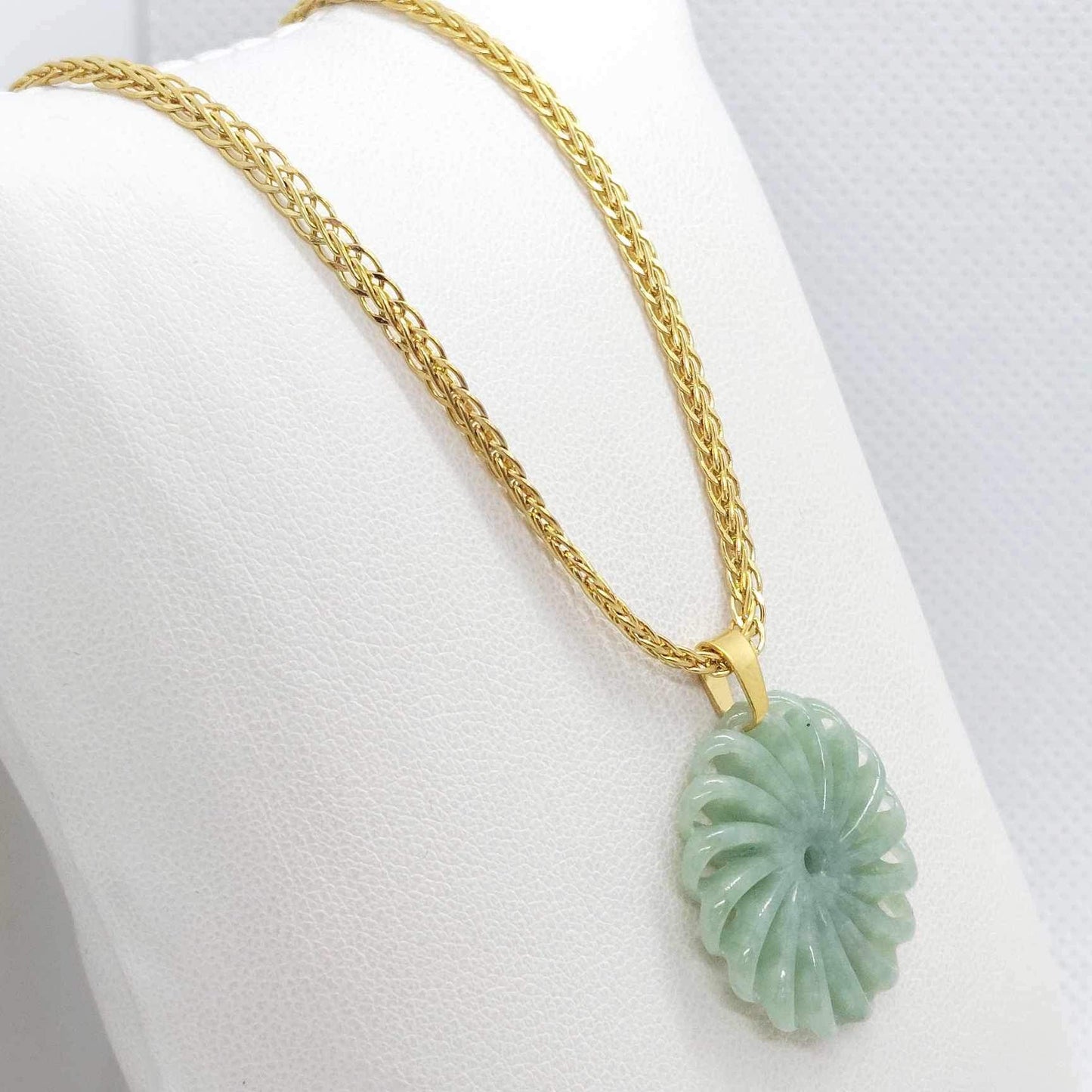 Natural Burmese Jade Flower of Life Pendant with Gold Plated Stainless Steel Chain Necklace
