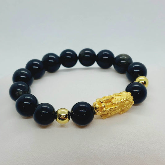 Natural Obsidian with Silver Pixiu Bracelet in 12mm Stones and a Silver Pixiu