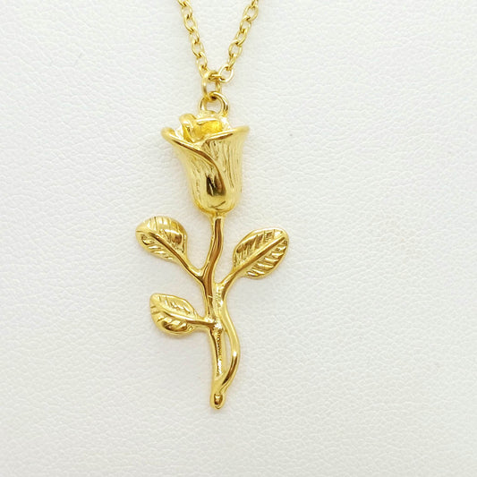 Rose Flower Pendant Necklace in Stainless Steel Gold Plated