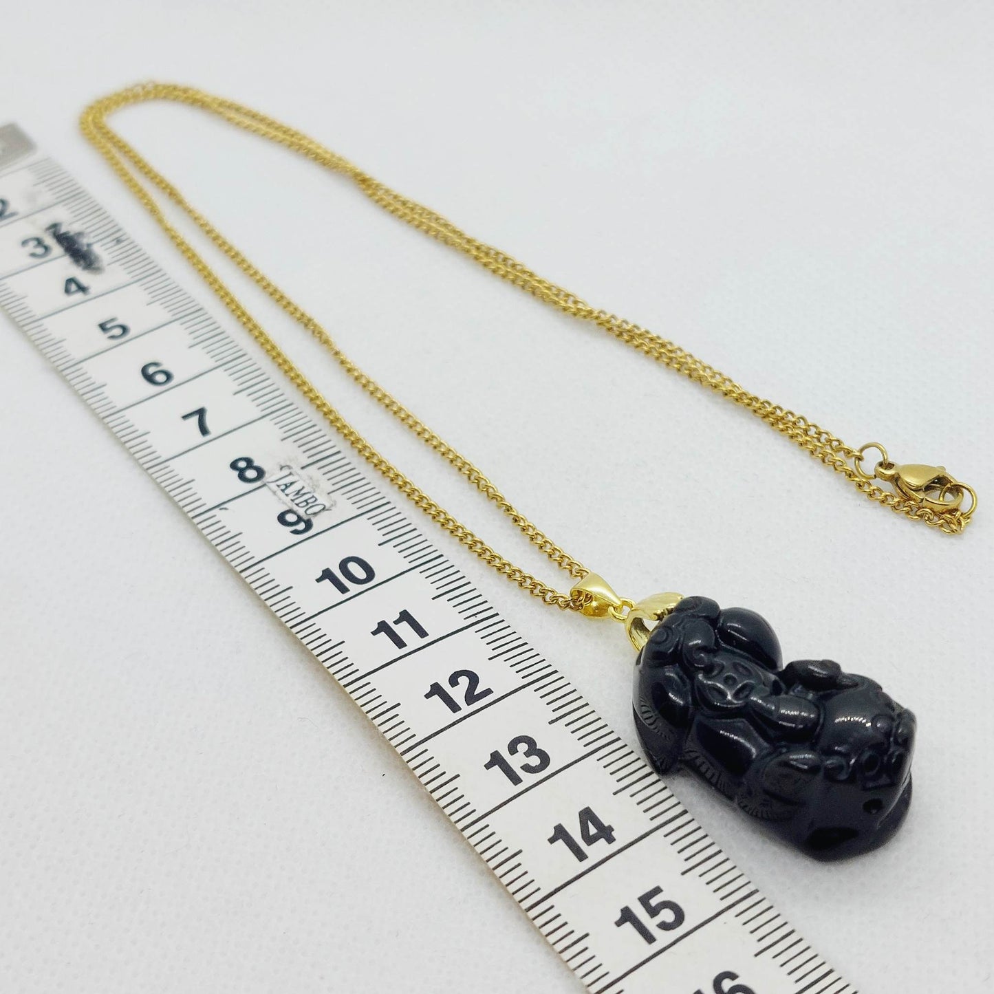 Natural Obsidian Pixiu Pendant with Stainless Steel Gold Plated Chain Necklace