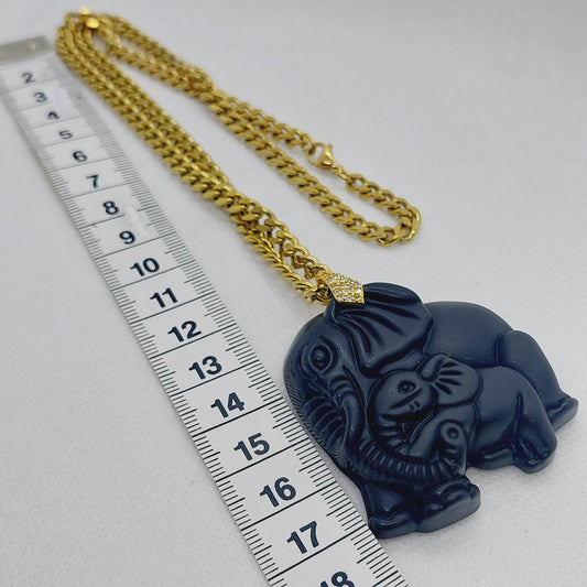 Natural Obsidian Mother Elephant with Baby Pendant - Stainless Steel Chain Necklace