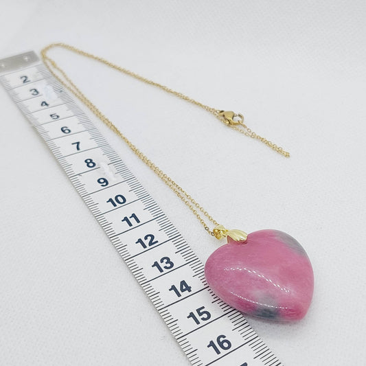 Natural Chinese Peach Blossom Jade Heart Pendant with Stainless Steel Chain Necklace