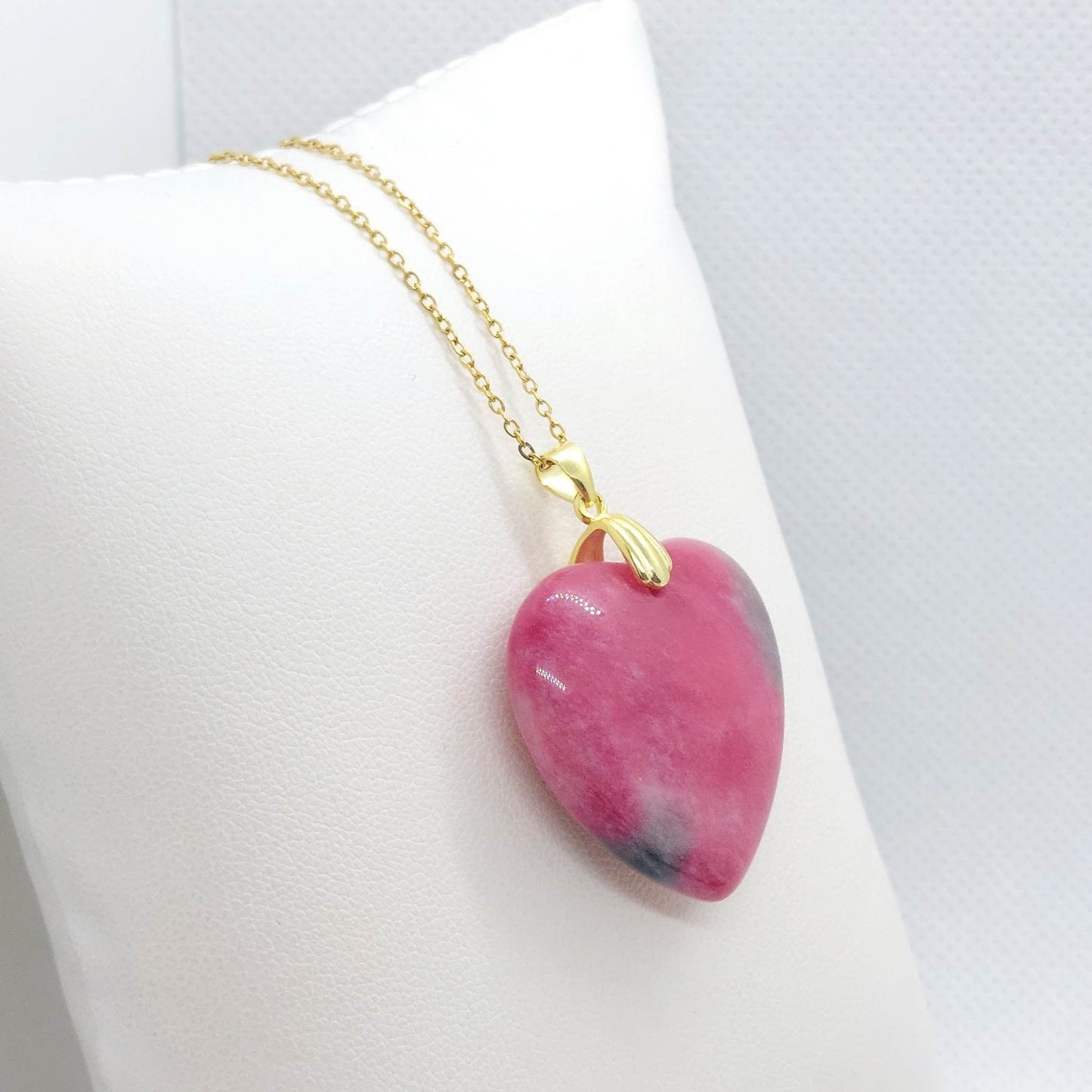 Natural Chinese Peach Blossom Jade Heart Pendant with Stainless Steel Chain Necklace