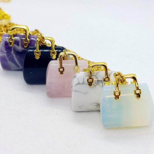 Natural Green Aventurine Handbag Pendant with Gold Plated Stainless Steel Chain Necklace