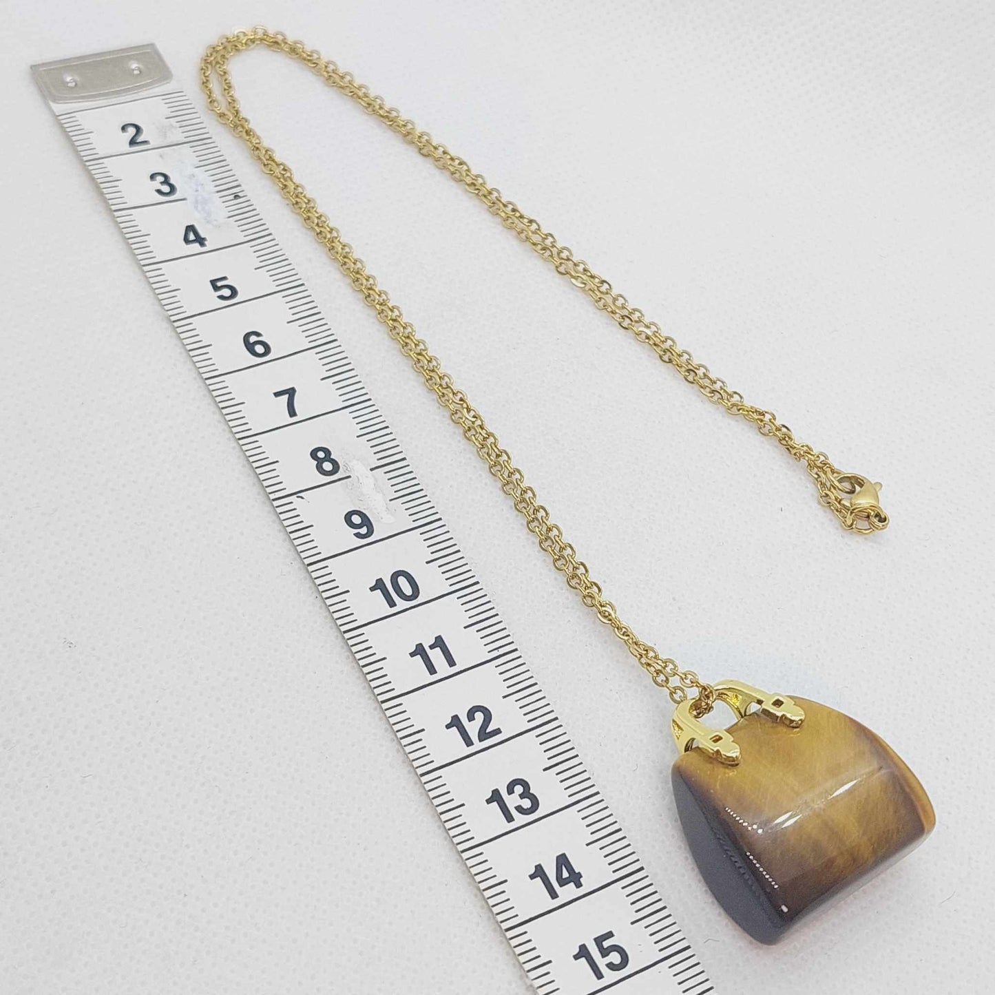 Natural Tiger Eye Handbag Pendant - Stainless Steel Gold Plated Chain Necklace