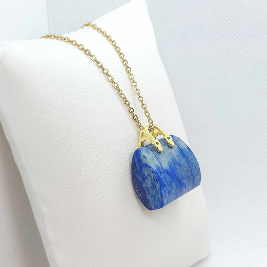 Natural Lapis Handbag Pendant - Stainless Steel Gold Plated Chain Necklace