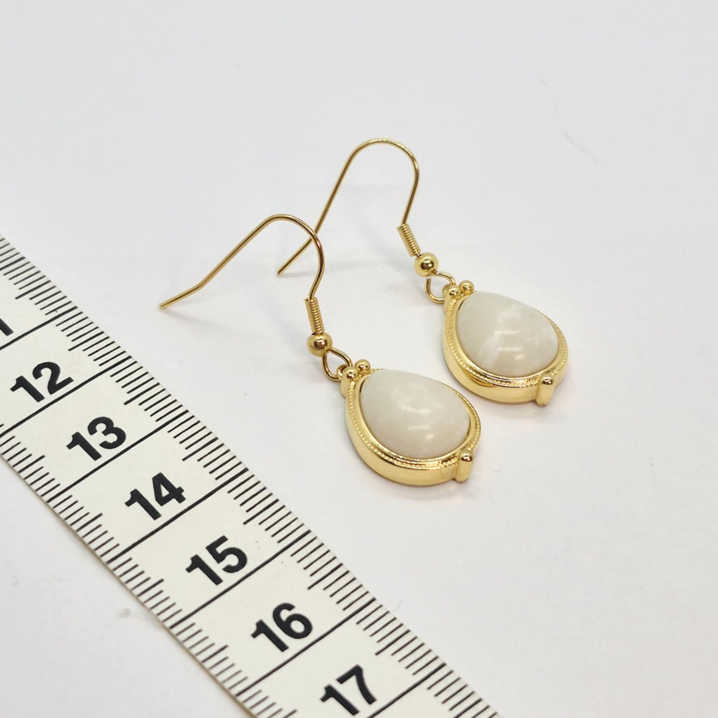 Natural White Jade Dangle Earrings in Gold Plated Stainless Steel