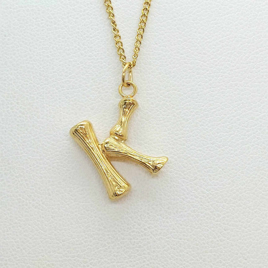 Initial K in Wood Design Pendant with Stainless Steel Chain Necklace