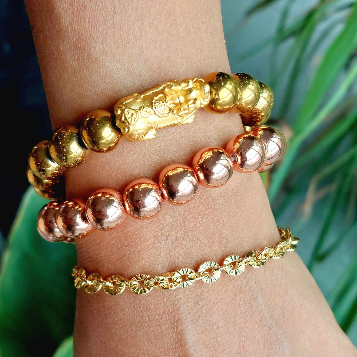 Natural Hematite Bracelet colored rose gold in 10mm Stones with Big Pixiu