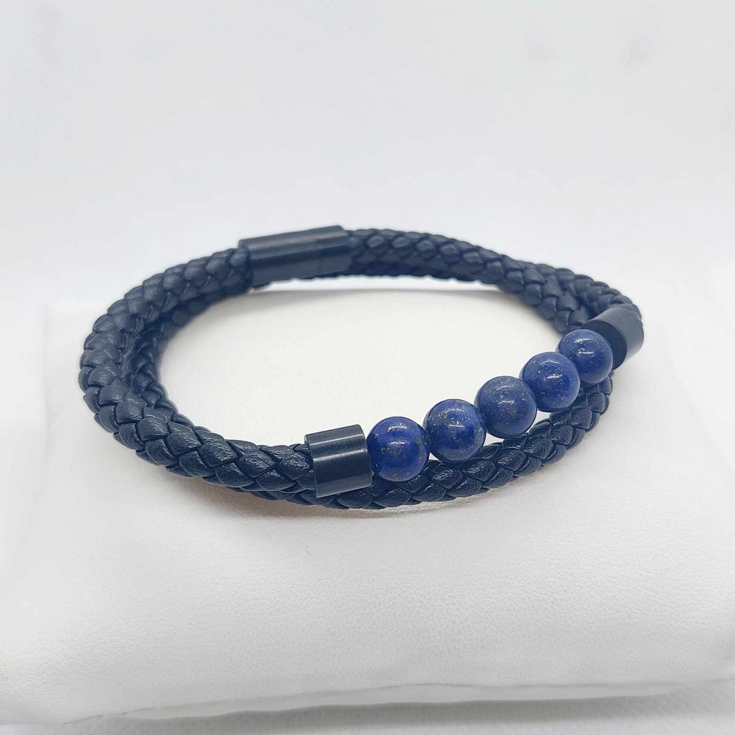 Black Braided with Lapis and Apatite Bead Bracelet for Men