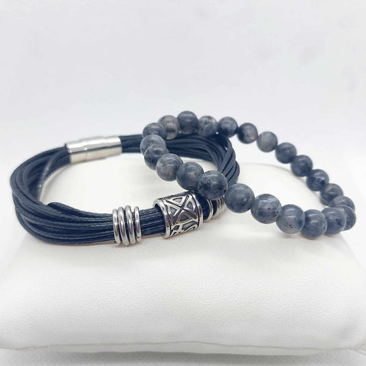 Multi Leather Band and Grey Jasper Bead Bracelet for Men