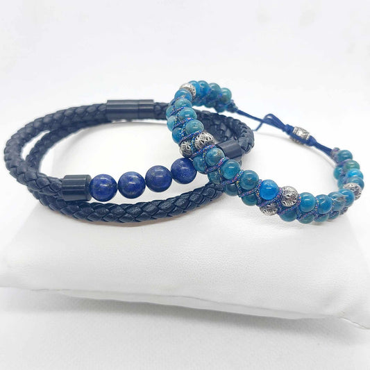 Black Braided with Lapis and Apatite Bead Bracelet for Men