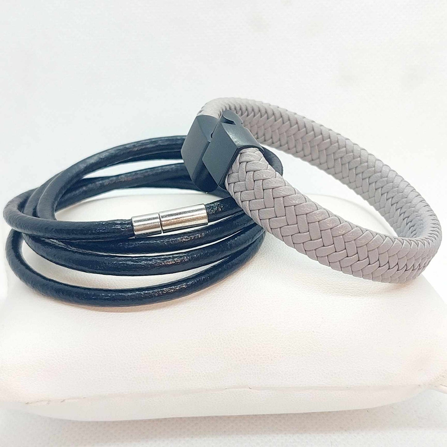 Black Leather Rope and Grey Braided Leather Bracelet for Men