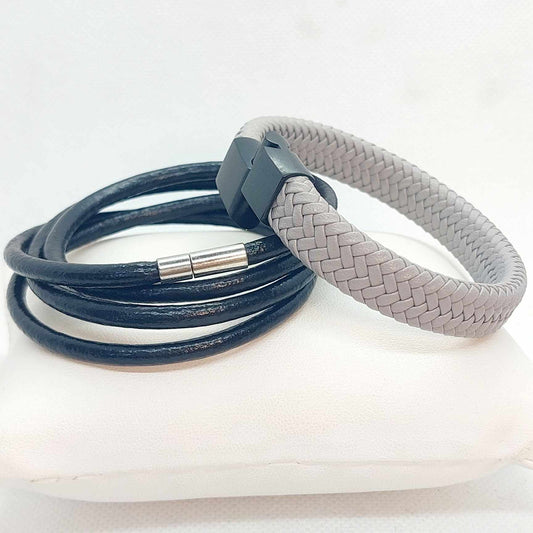 Black Leather Rope and Grey Braided Leather Bracelet for Men