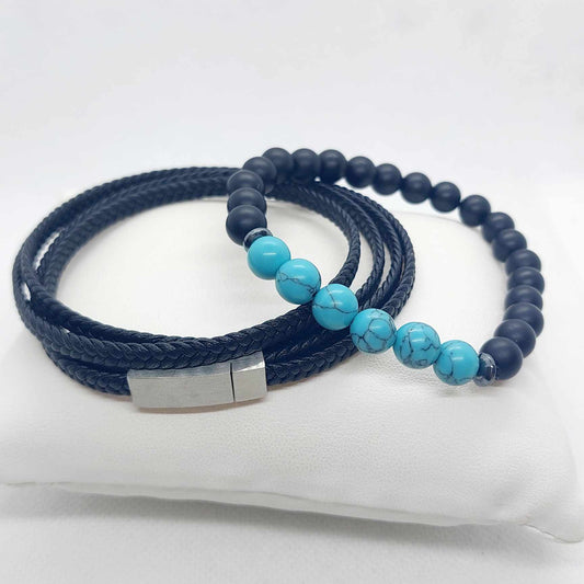 Multi Layer Black Leather Band and Black Onyx with Turquoise Bead Bracelet for Men