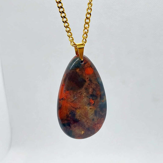Natural Rainbow Jasper Raindrop Pendant with Stainless Steel Gold Plated Chain Necklace