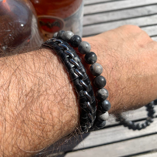Black and Silver Braided Leather and Grey Jasper Bead Bracelets for Men