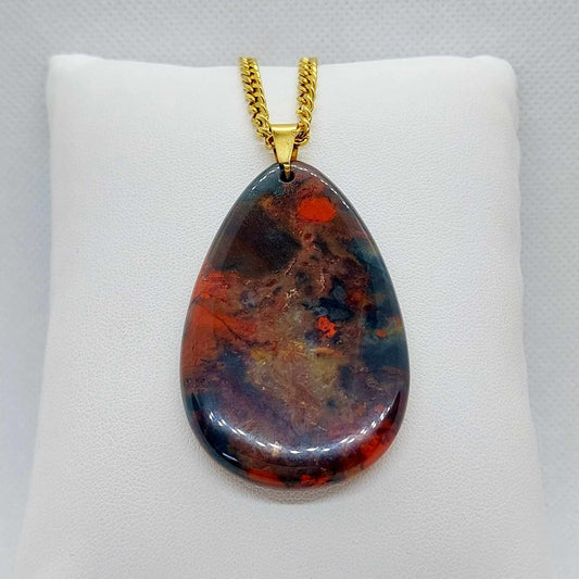 Natural Rainbow Jasper Raindrop Pendant with Stainless Steel Gold Plated Chain Necklace
