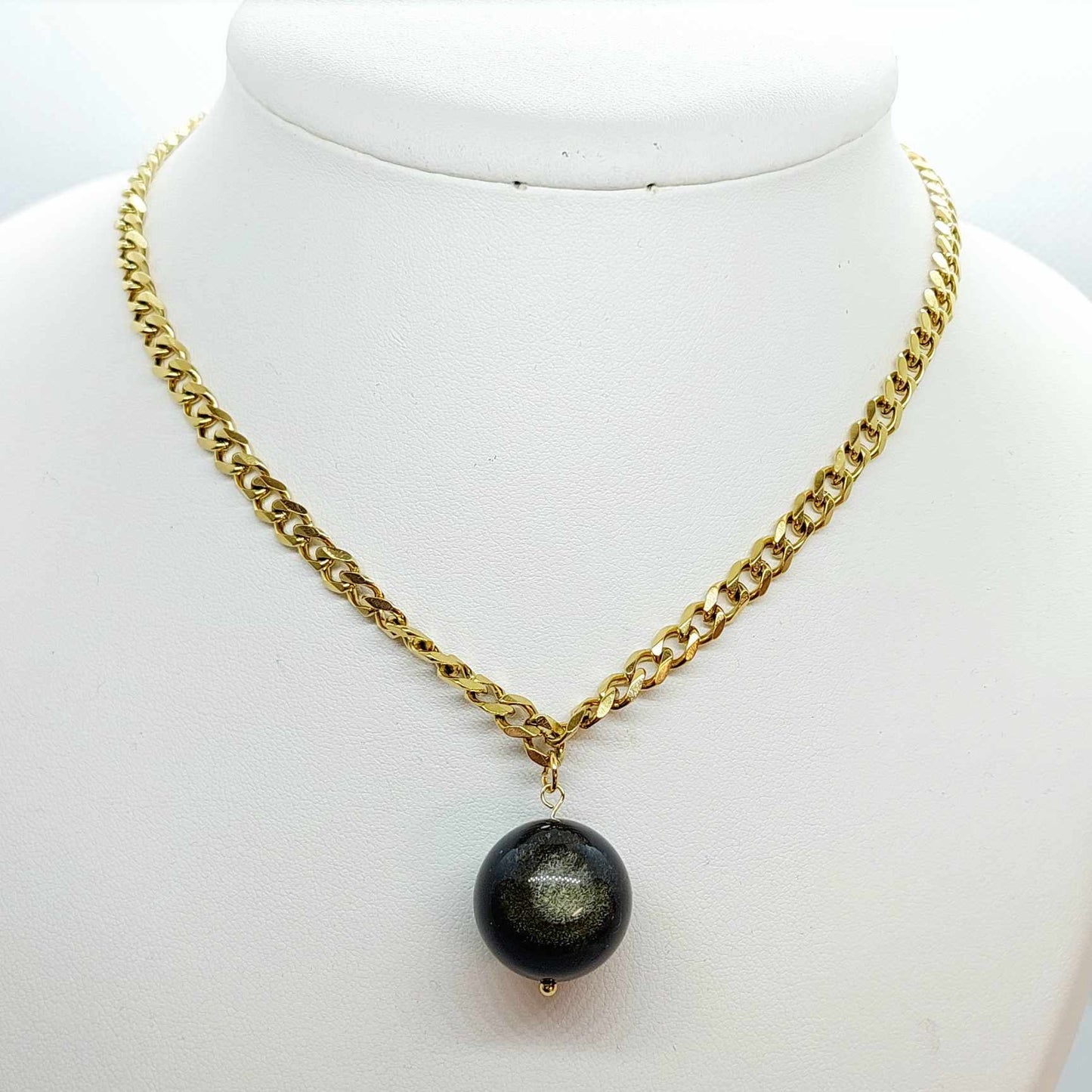 Natural Golden Obsidian 20mm Stone Pendant with Stainless Steel Chain Necklace Gold Plated