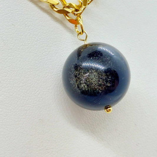 Natural Golden Obsidian 20mm Stone Pendant with Stainless Steel Chain Necklace Gold Plated