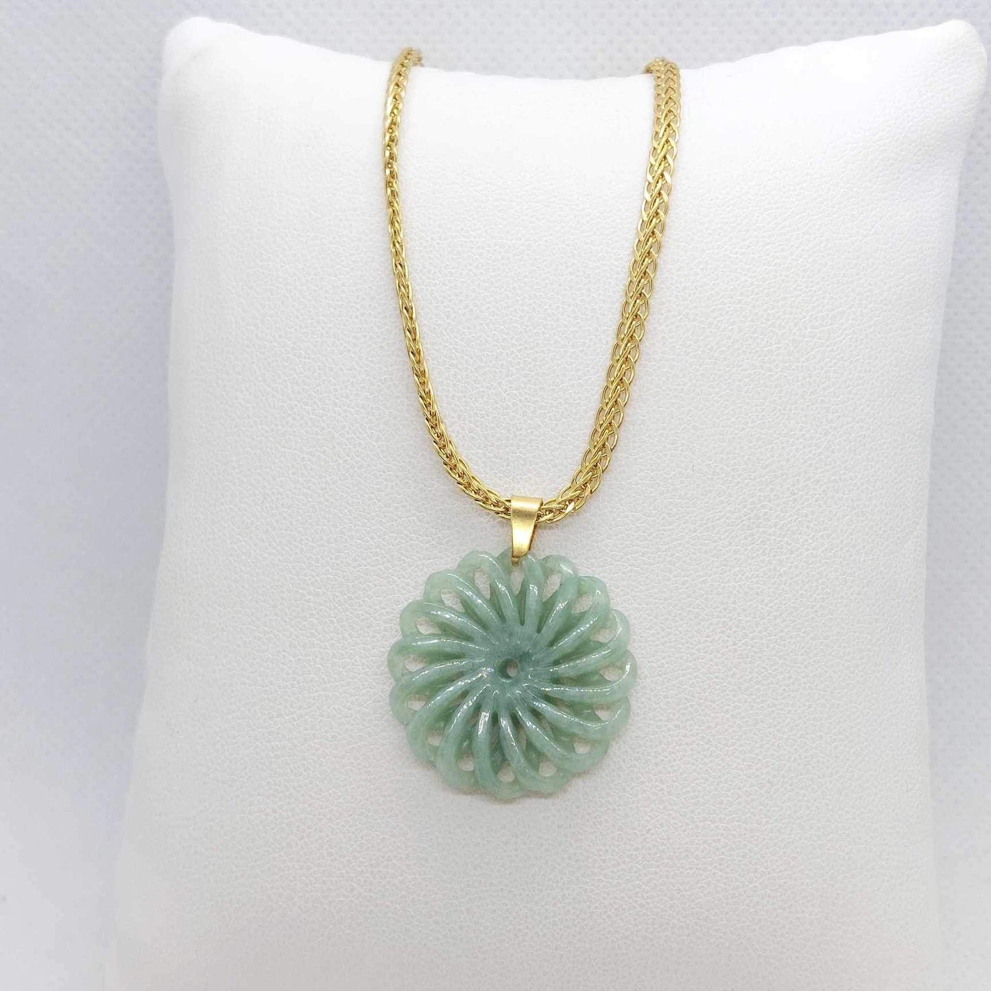 Natural Burmese Jade Flower of Life Pendant with Gold Plated Stainless Steel Chain Necklace