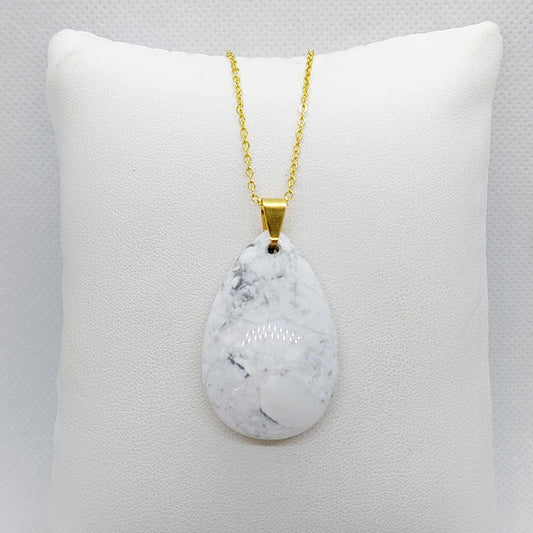 Natural White Howlite Raindrop Pendant with Necklace Stainless Steel Gold Plated