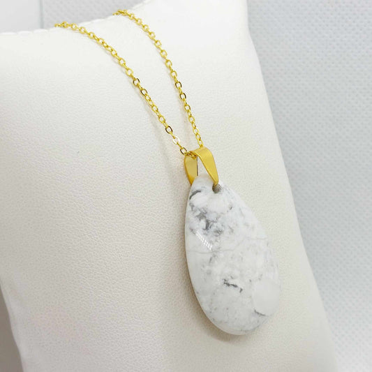 Natural White Howlite Raindrop Pendant with Necklace Stainless Steel Gold Plated