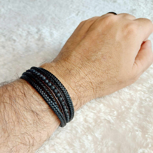 Multi Strap with Natural Stone Lava Leather Bracelets for Men